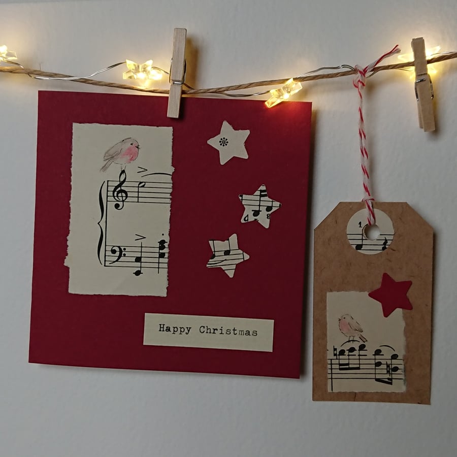 Christmas card - Musical Robin - Vintage sheet music - Recycled - Free gift tag!