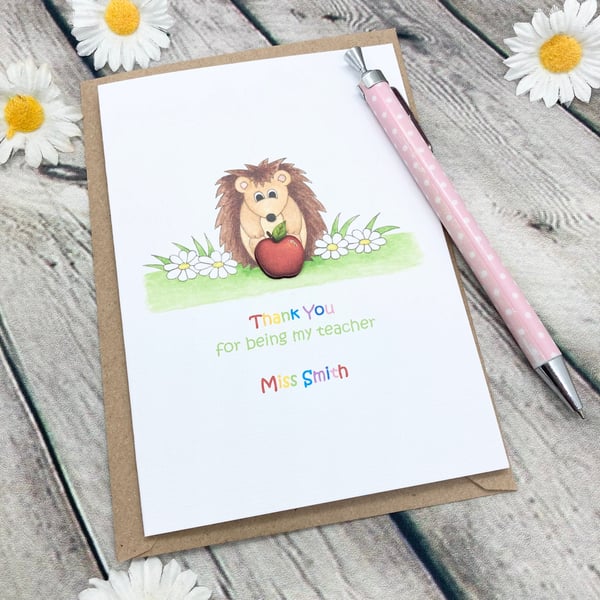 Little Hedgehog with Red Apple Teacher Card - Personalised - Thank You Teacher 