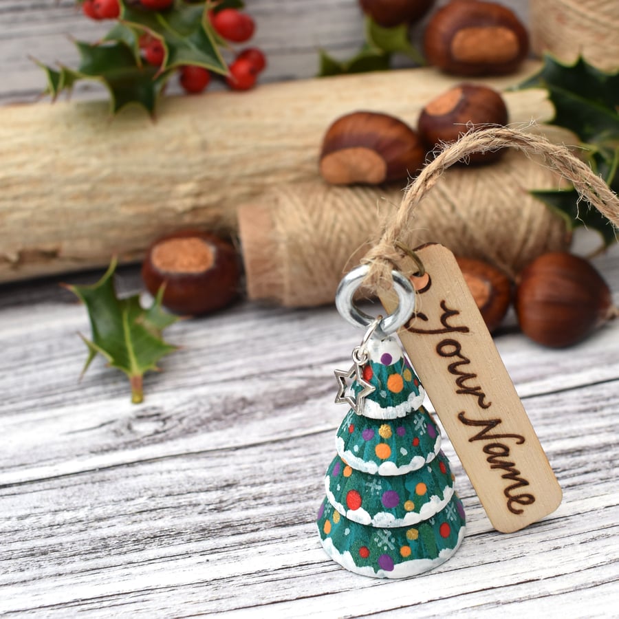 Mini Christmas tree, hanging decoration, personalised using pyrography