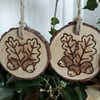 Five pyrography acorn & oak leaf wood slice hanging decorations