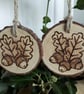 Five pyrography acorn & oak leaf wood slice hanging decorations - Image 1