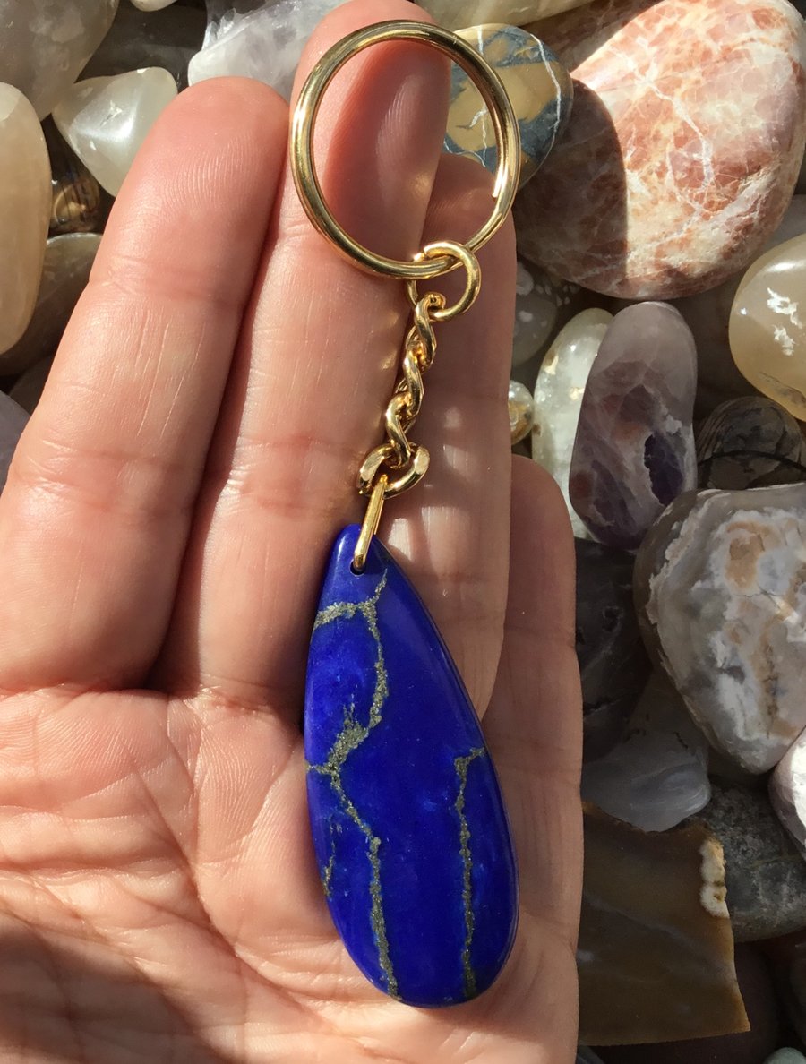 Midnight Gold Droplet Stabalised Lapis Lazuli Gemstone Keyring or Handbag Charm.