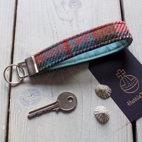 Harris Tweed key fob wrist strap in turquoise, burgundy, orange and green tartan