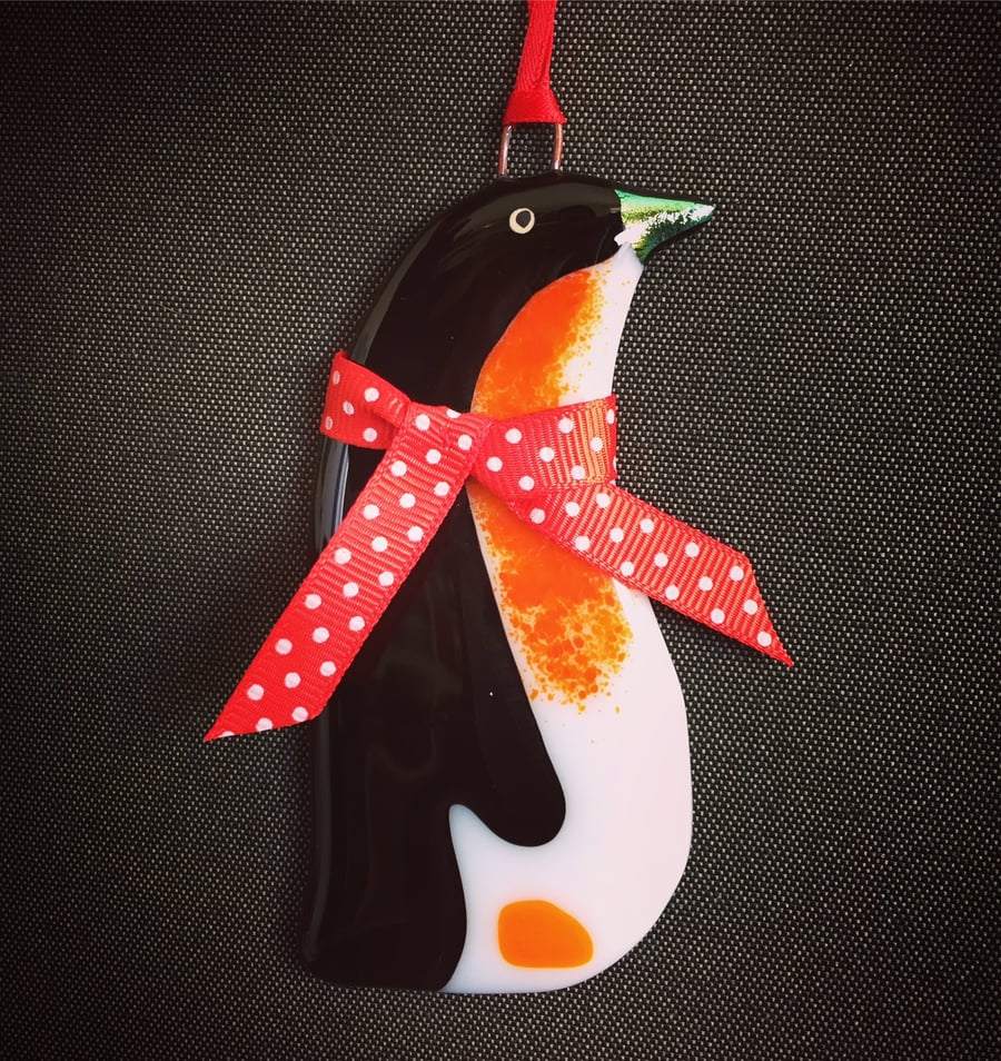 SALE  Fused Glass Penguin Christmas Decoration