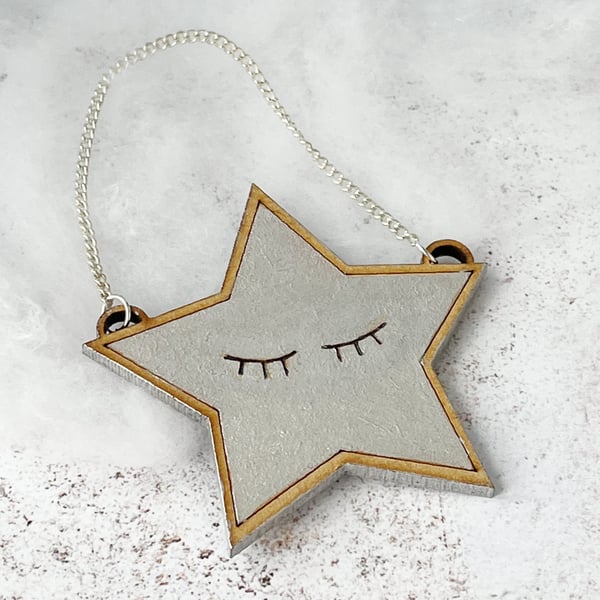 Silver star decoration, hand painted wooden sleeping star hanging decoration