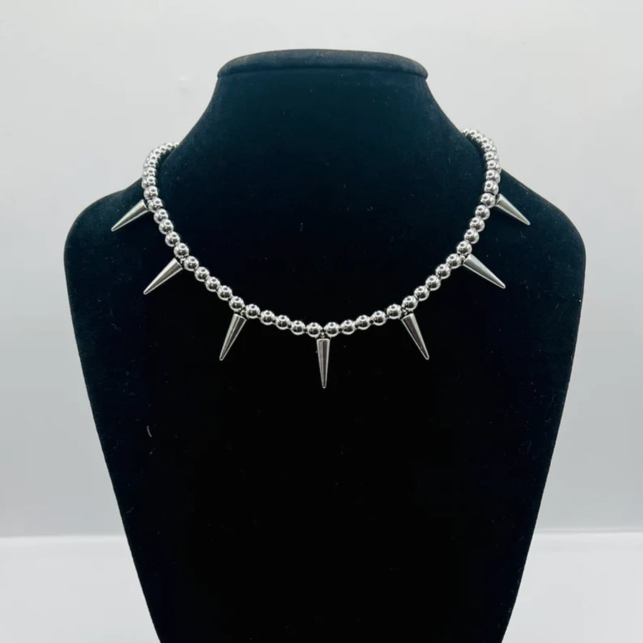 Rivet Bead Ball Necklace In Stainless Steell, Spike Necklace with Cone Dropping