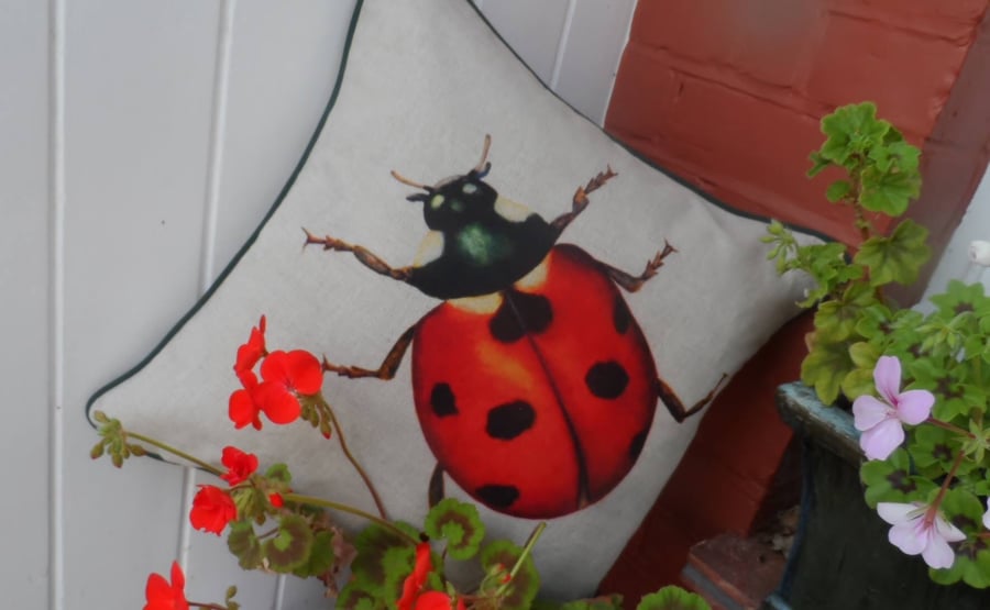 Ladybird print cushion. Linen mix insect pillow.