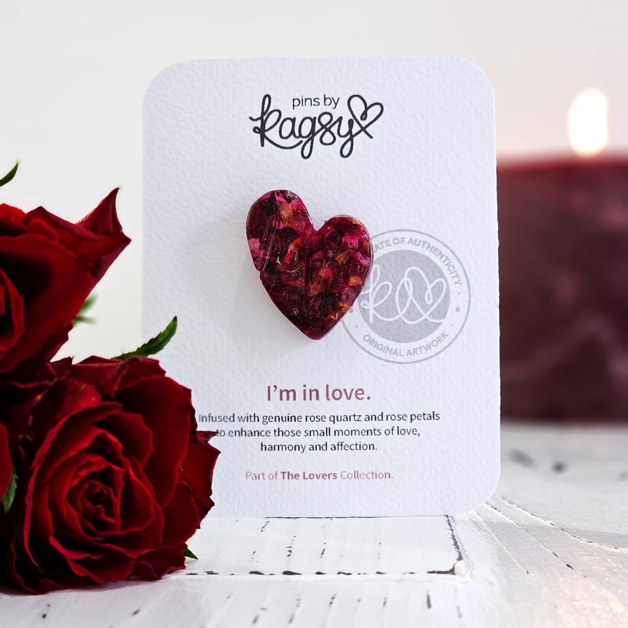 Heart Pin Brooch Infused with Genuine Rose Quartz and Rose Petals ER0-PRED1