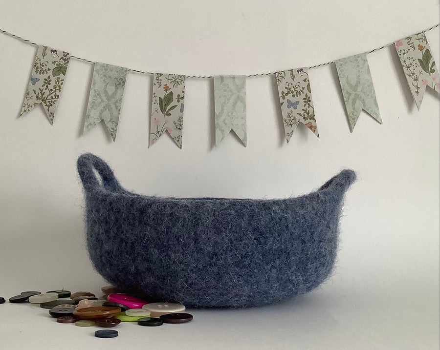 FELTED 'FUSSPOT'  BOWL , tray , desk tidy .Denim blue (with handles ).