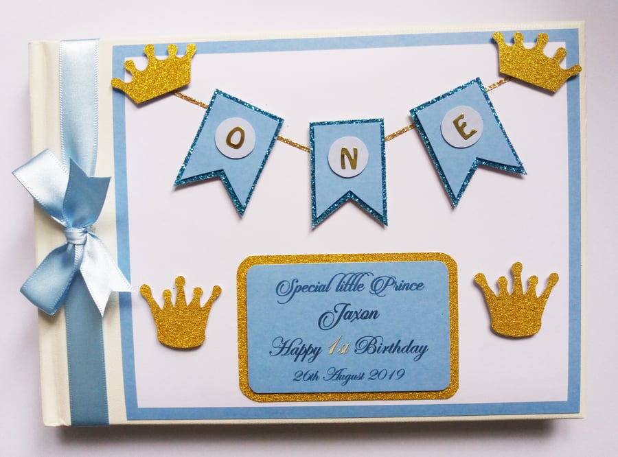 Blue and gold prince birthday guest book, prince birthday party gift