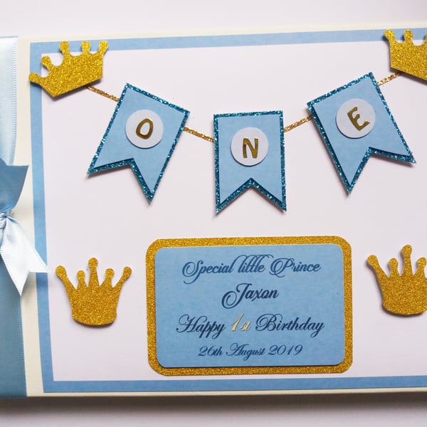 Blue and gold prince birthday guest book, prince birthday party gift