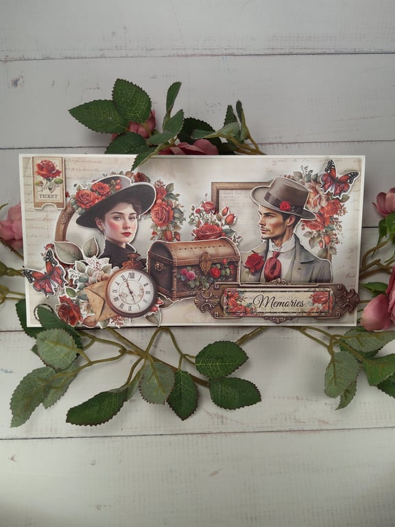 Handmade Luxury Vintage Romantic Card.Timeless Memories, Roses & Butterflies(48)