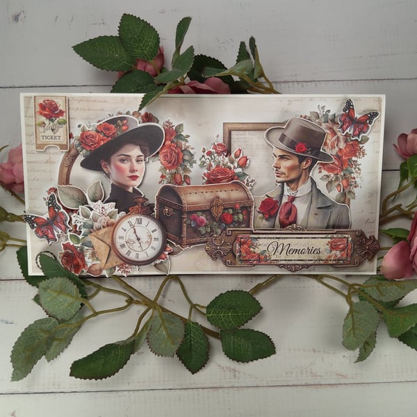 Handmade Luxury Vintage Romantic Card.Timeless Memories, Roses & Butterflies(48)