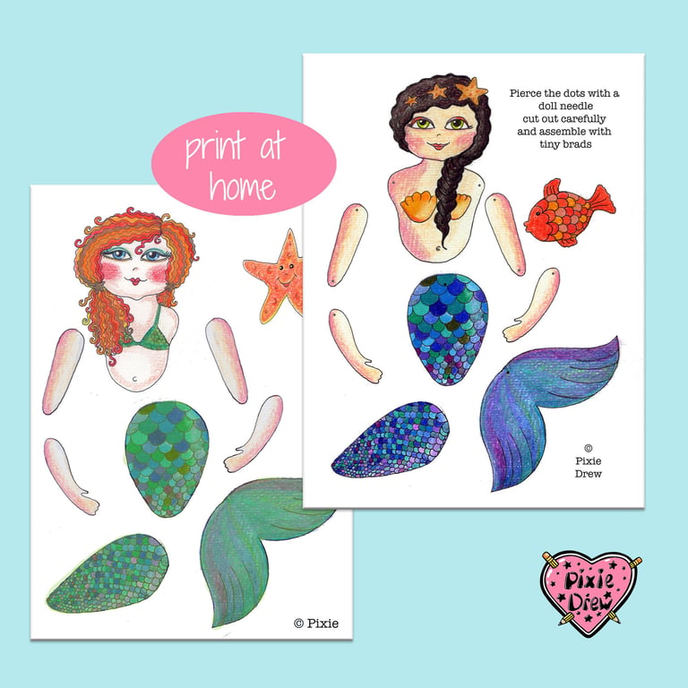 Hand Drawn Articulated Mermaid Paper Doll Set of 2 to make at home