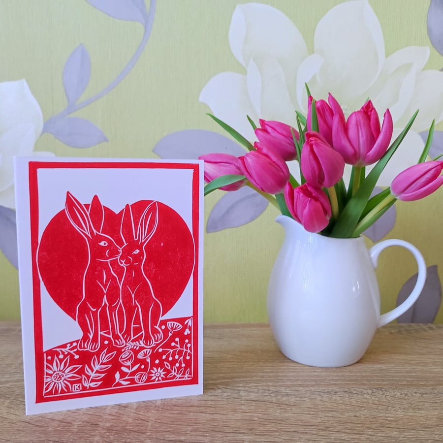 Hares in love Luxury original handmade lino print card love anniversary red