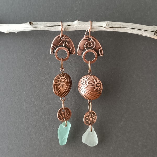 Seaglass dangly earrings, copper metal clay, unique jewellery, recycled material