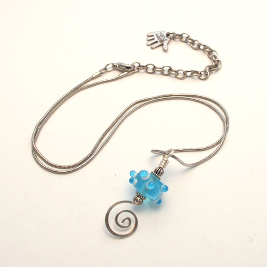 Turquoise Blue Lampwork Necklace - Glass Bead Wire Spiral Pendant