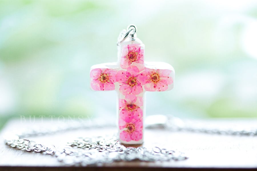 Cross Necklace Pink Flowers Pink Necklace Christian Jewelry Gifts for her Bridal