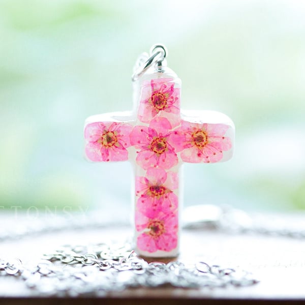 Cross Necklace Pink Flowers Pink Necklace Christian Jewelry Gifts for her Bridal