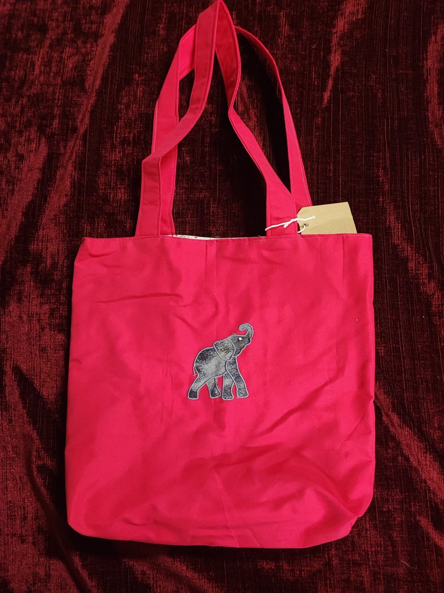 Tote Bag, bright pink with elephant applique embroidery