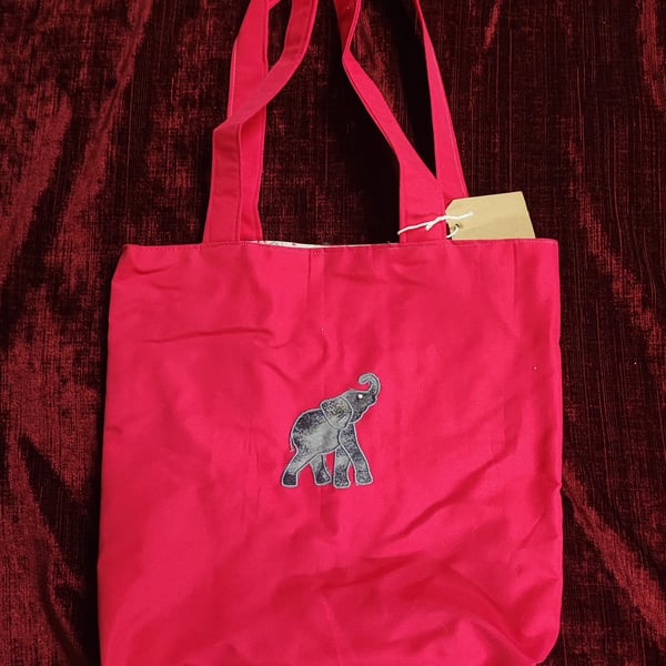 Tote Bag, bright pink with elephant applique embroidery