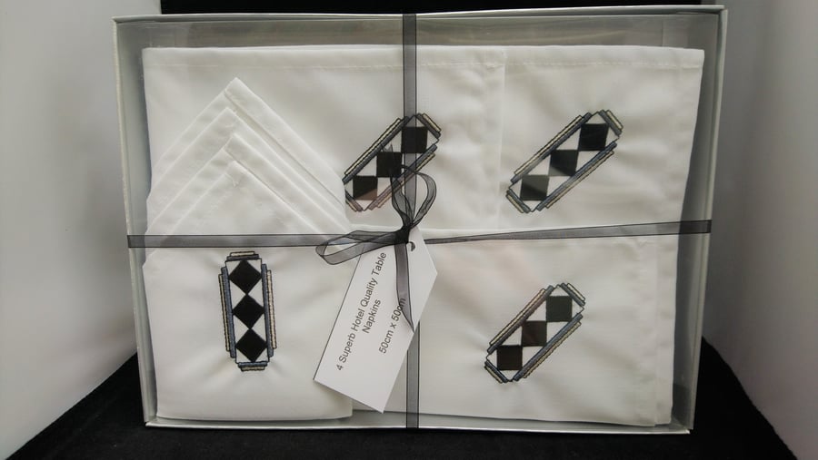 Napkins  Art Deco Embroidered Design Set of 4 in Presentation Box
