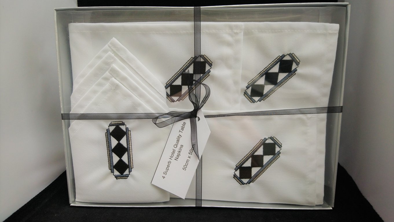 Napkins  Art Deco Embroidered Design Set of 4 in Presentation Box