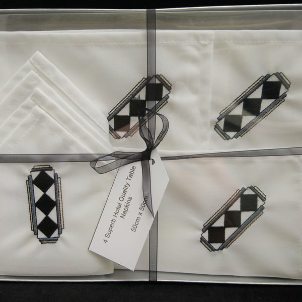  Art Deco Design Embroidered Napkins Set of 4 in Presentation Box