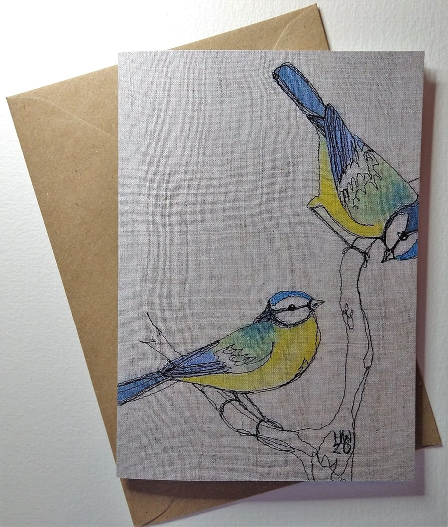 Bluetits Embroidered Greetings Card