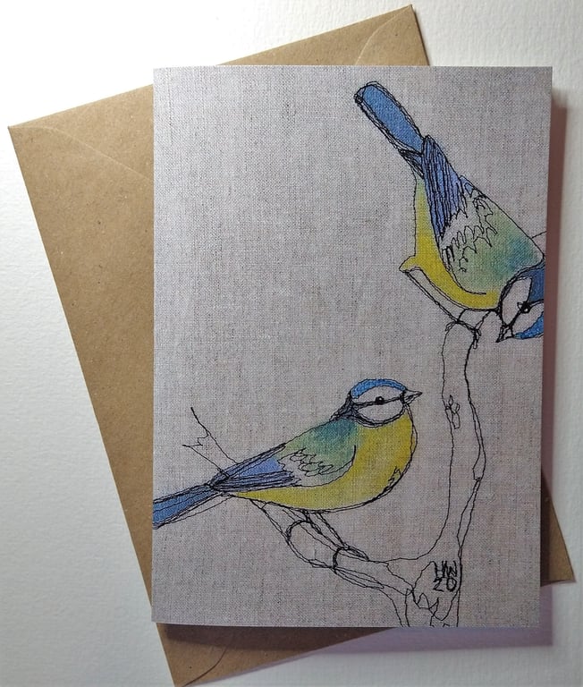 Bluetits Embroidered Greetings Card