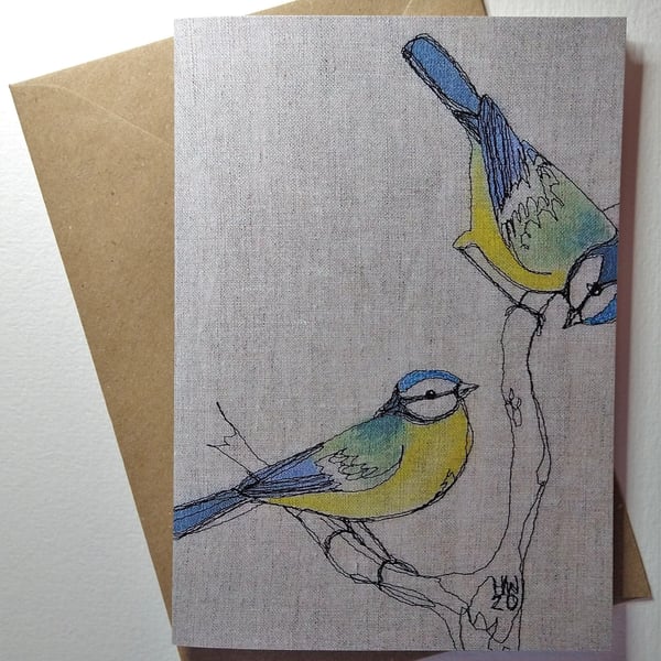 Bluetits Embroidered Greetings Card