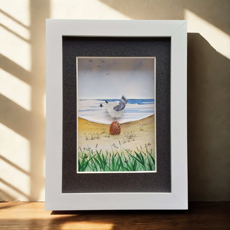 Sea Glass Seagull Picture, Quirky Coastal Wall Art, Handmade Beach Lover Gift