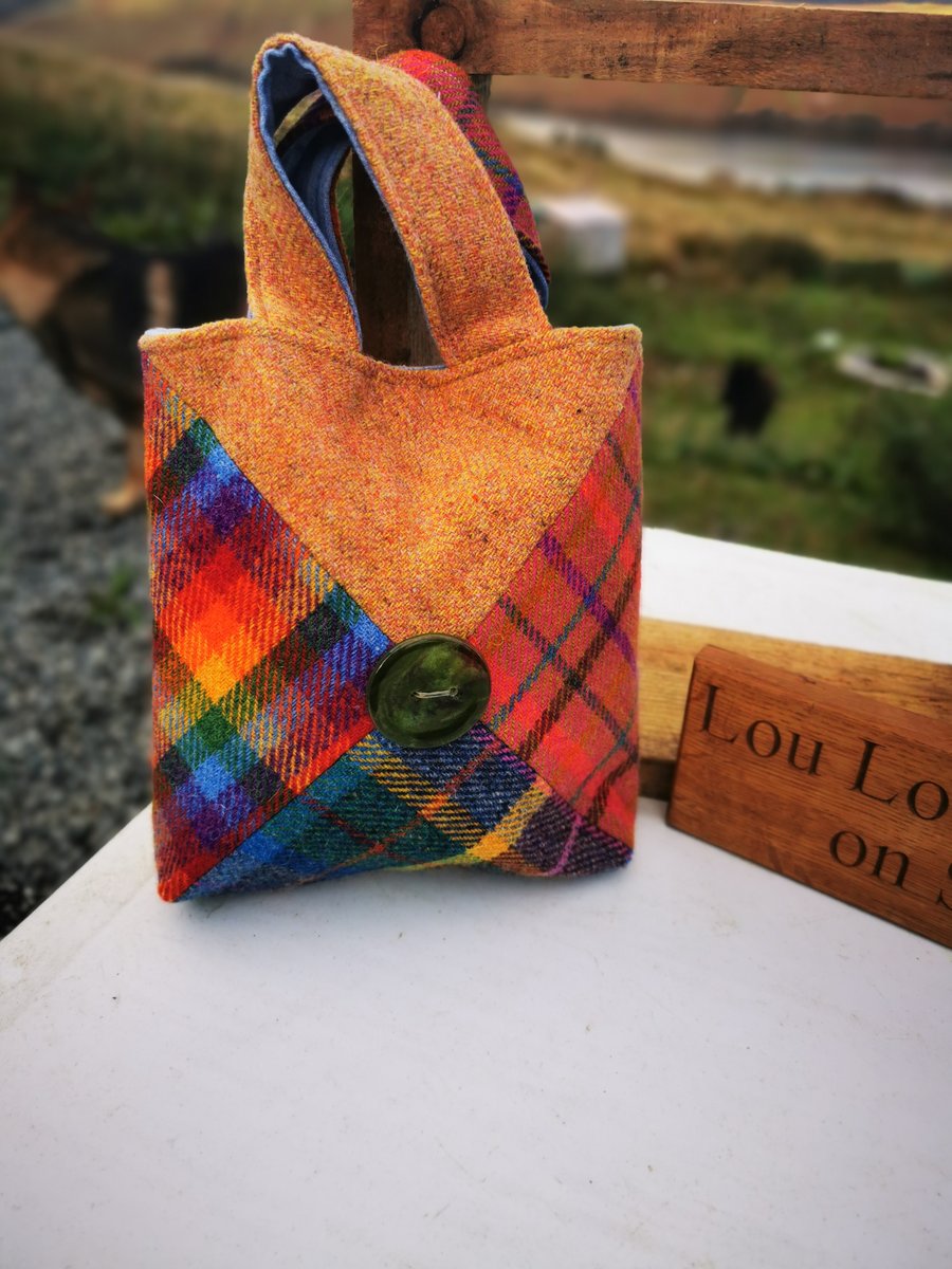 Harris Tweed criss cross patchwork bag woth handmade glass buttons 