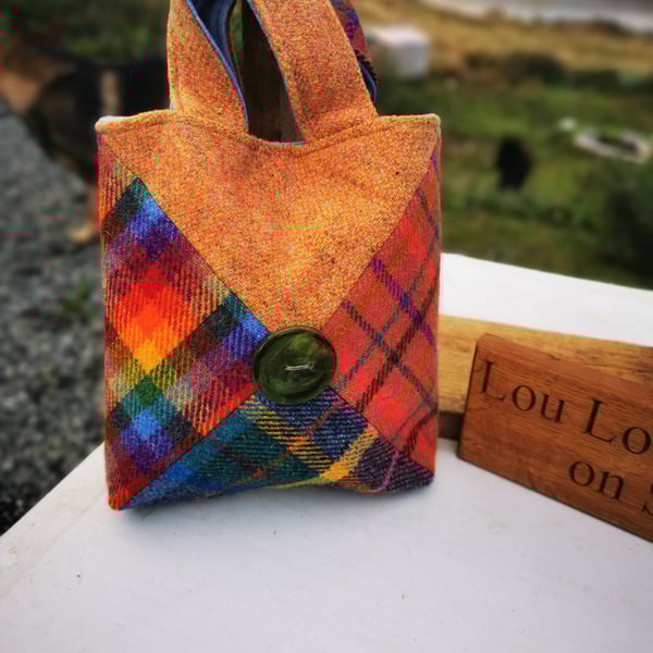 Harris Tweed criss cross patchwork bag woth handmade glass buttons 