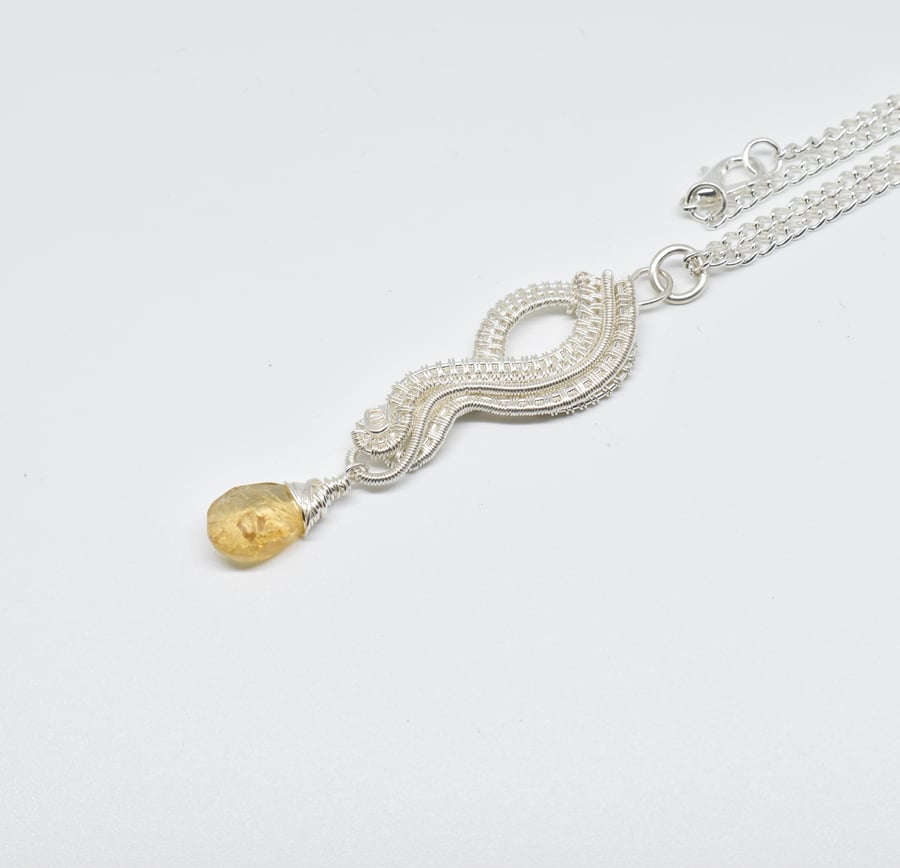 Wire Woven Citrine and Silver Filled Pendant on a Silver Plated Chain