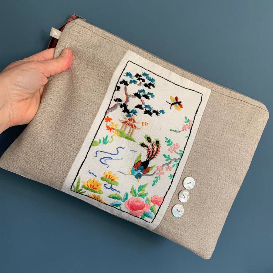Rescued embroidery linen pouch