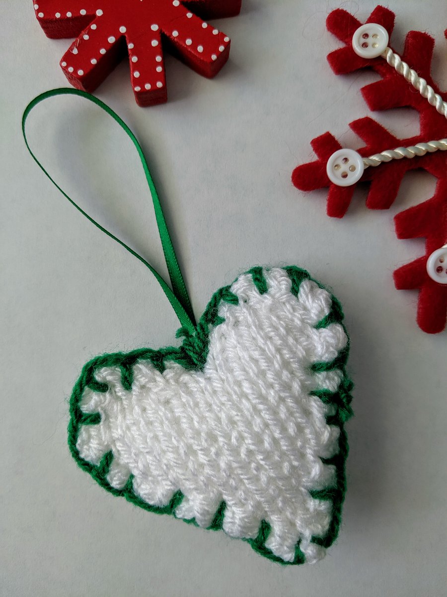 SALE Hand-knitted green and white love heart