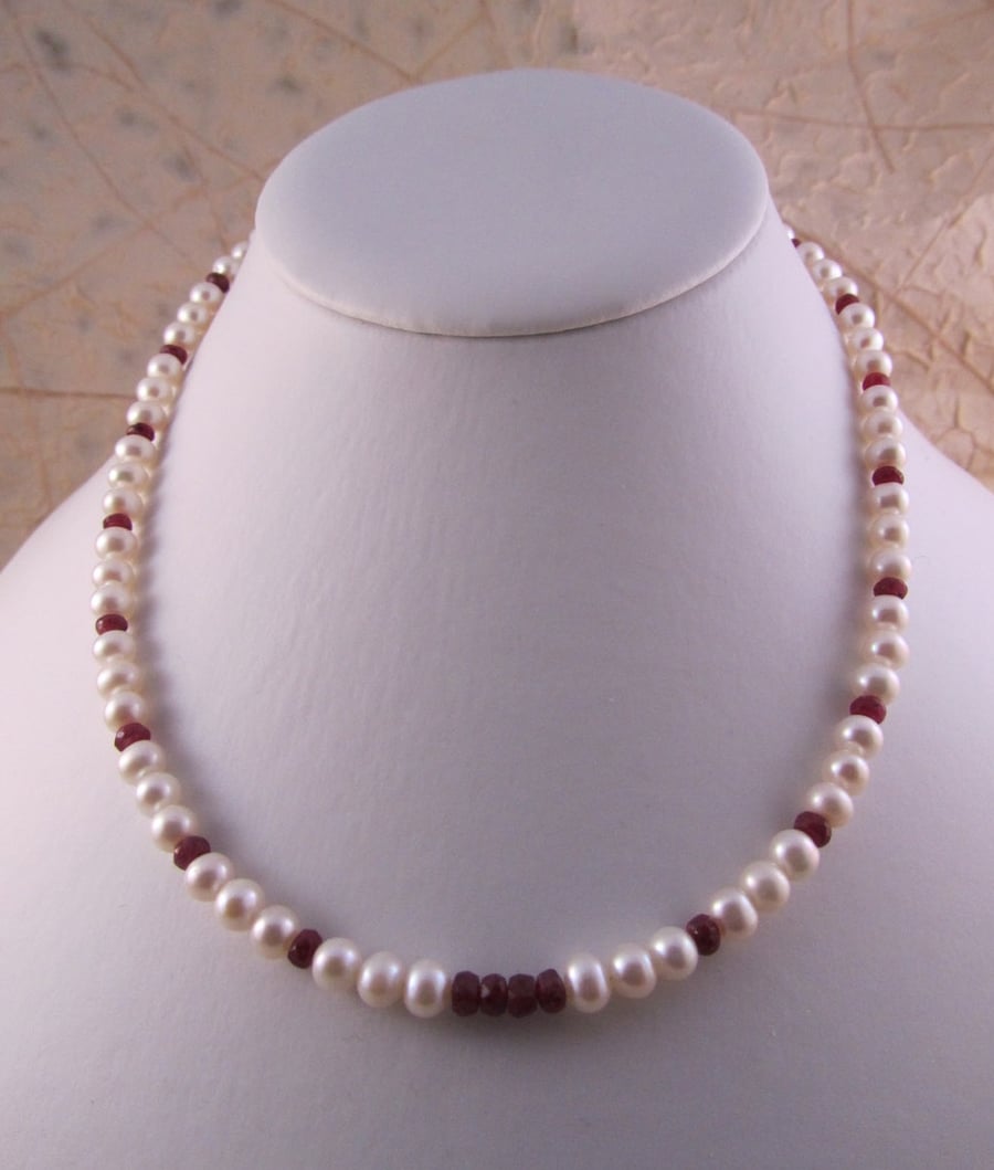 Ruby Pearl Necklace, White Pearl Necklace, Ruby Necklace