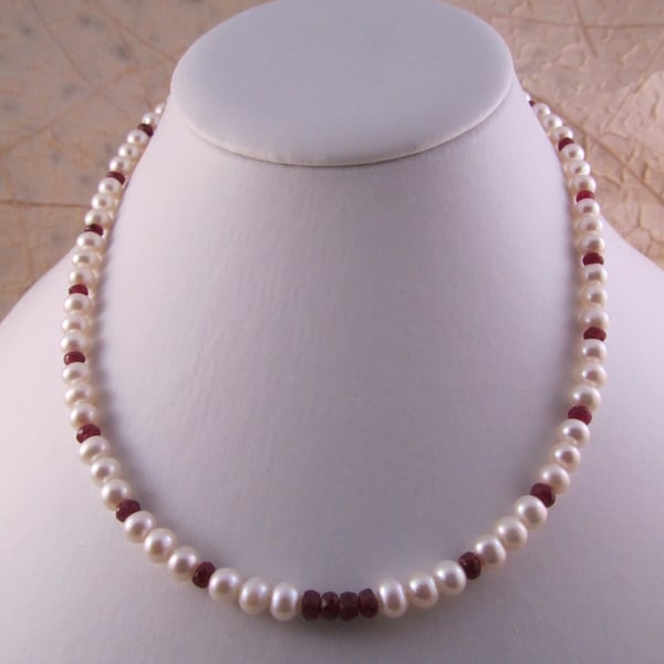 Ruby Pearl Necklace, White Pearl Necklace, Ruby Necklace