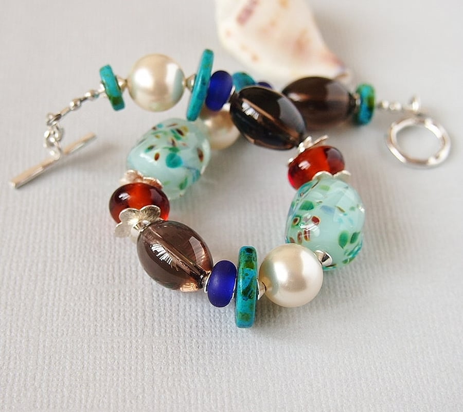 Multi Coloured Bracelet, Gemstone, Lampwork, Pearl, Ceramic, Sterling Silver
