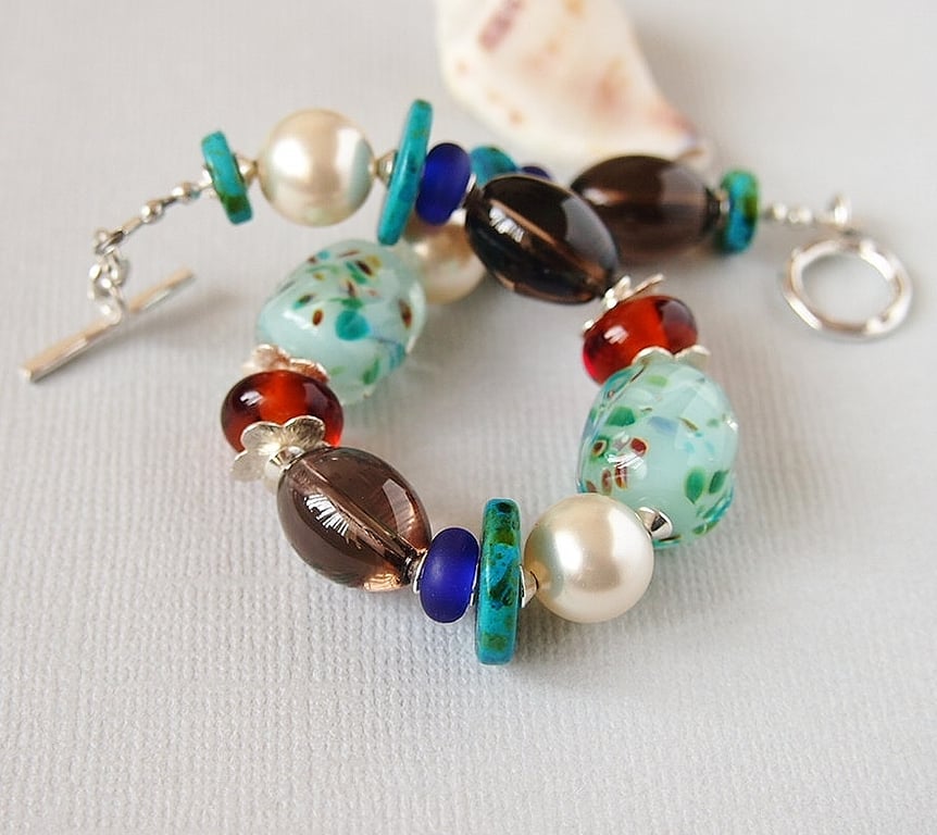 Multi Coloured Bracelet, Gemstone, Lampwork, Pearl, Ceramic, Sterling Silver