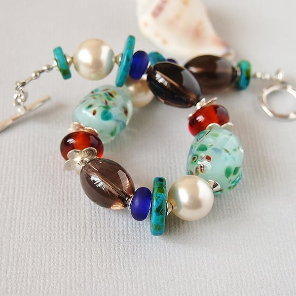 Multi Coloured Bracelet, Gemstone, Lampwork, Pearl, Ceramic, Sterling Silver