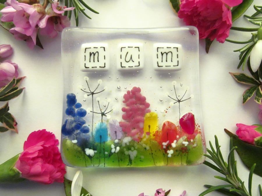 Mum Fused Glass Trinket, Ring or Pin Dish (Rainbow Country Meadow)