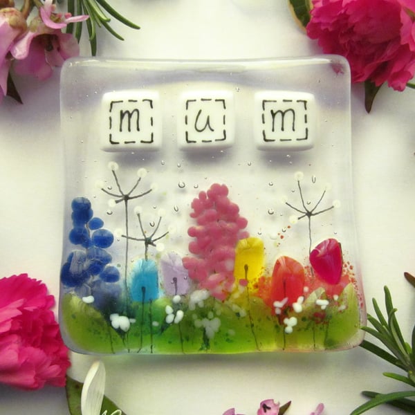 Mum Fused Glass Trinket, Ring or Pin Dish (Rainbow Country Meadow)