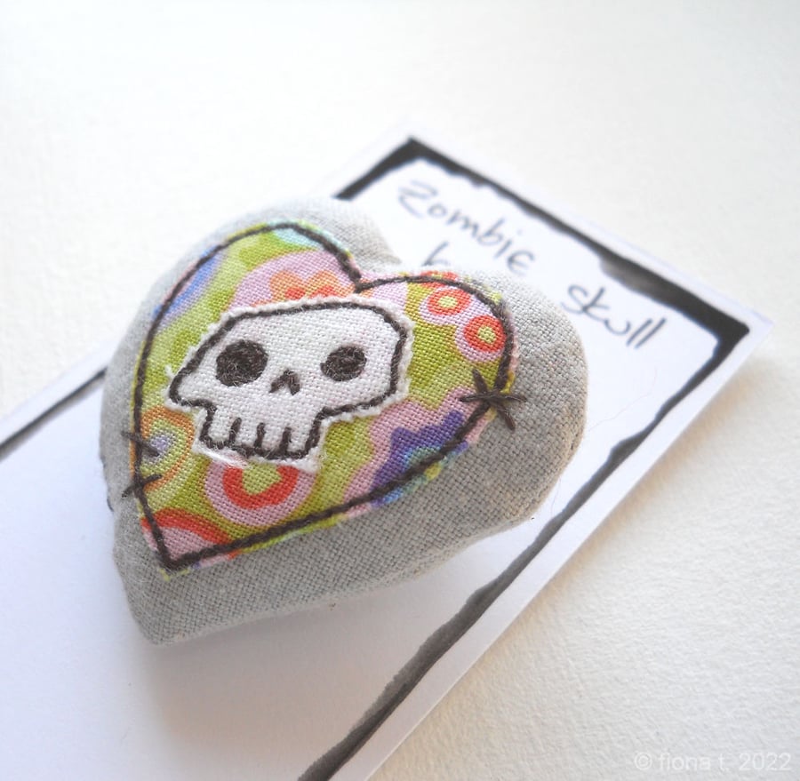 freehand embroidered skull heart textile brooch - lime green