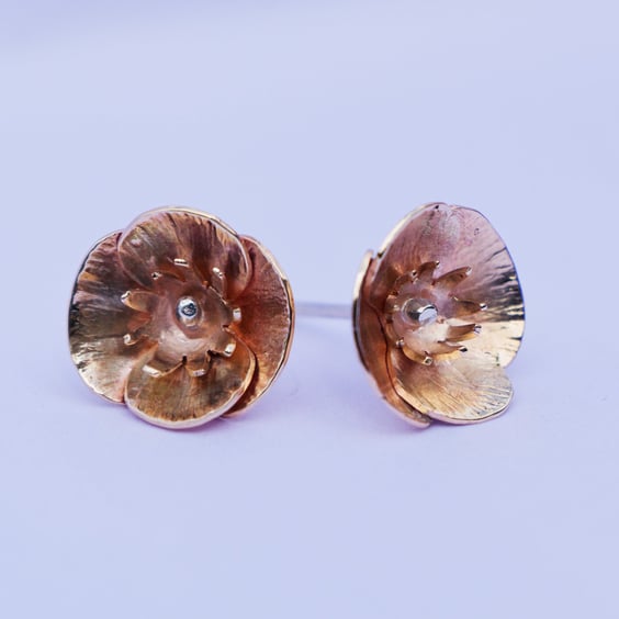 Gold Welsh Poppy Earrings: 9ct Gold with Sterling Silver
