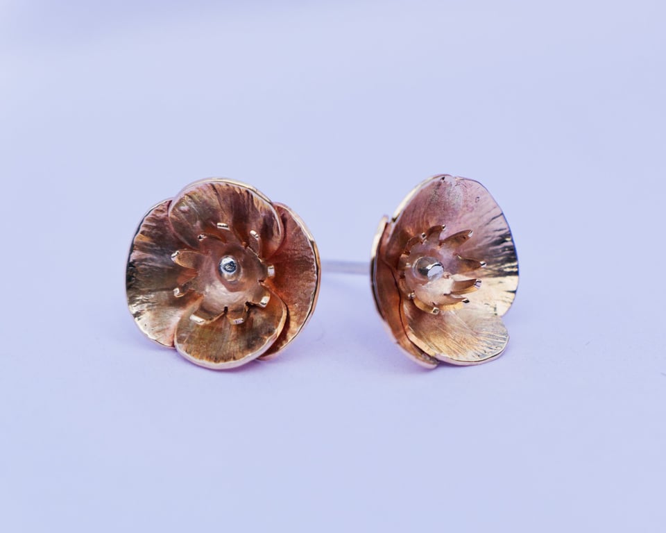 Gold Welsh Poppy Earrings: 9ct Gold with Sterling Silver
