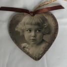 Hanging Heart Decoration Vintage Girl Small Sepia Decoupaged Unusual Blonde
