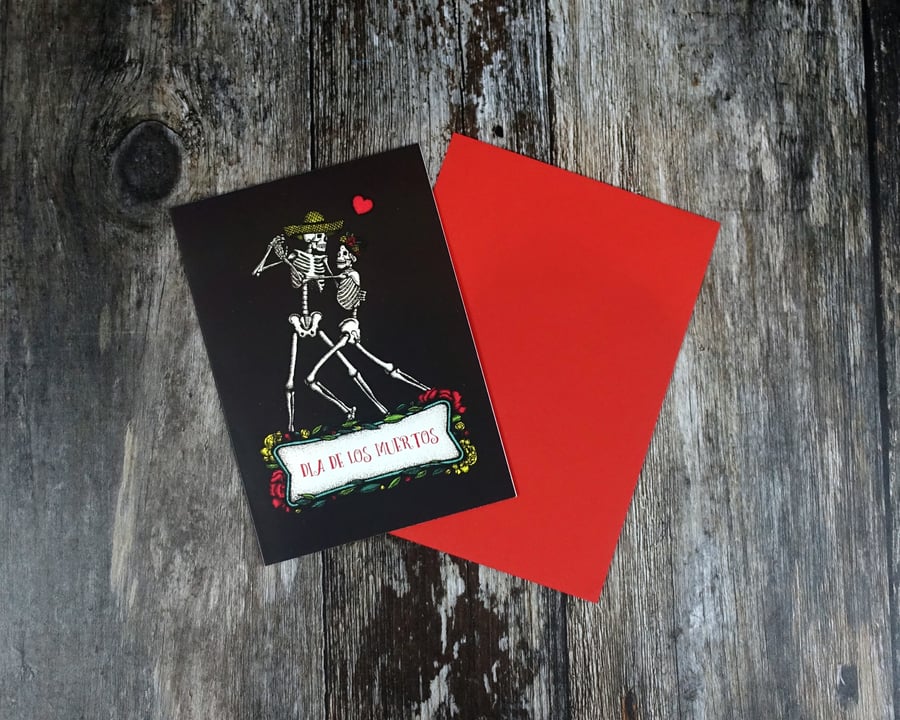Day of the Dead, Dia de los muertos, Dancing Skeletons, A6 Greeting Card