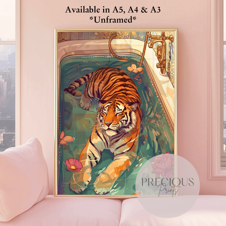 Tiger in The Bath Preppy Wall Print Trendy Wall Art Print